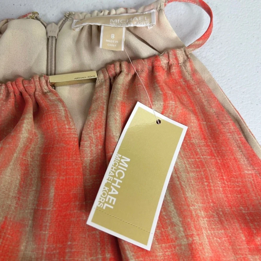 Michael Kors Halter Midi Dress 8 Coral Orange Beige Abstract Faux Wrap NWT